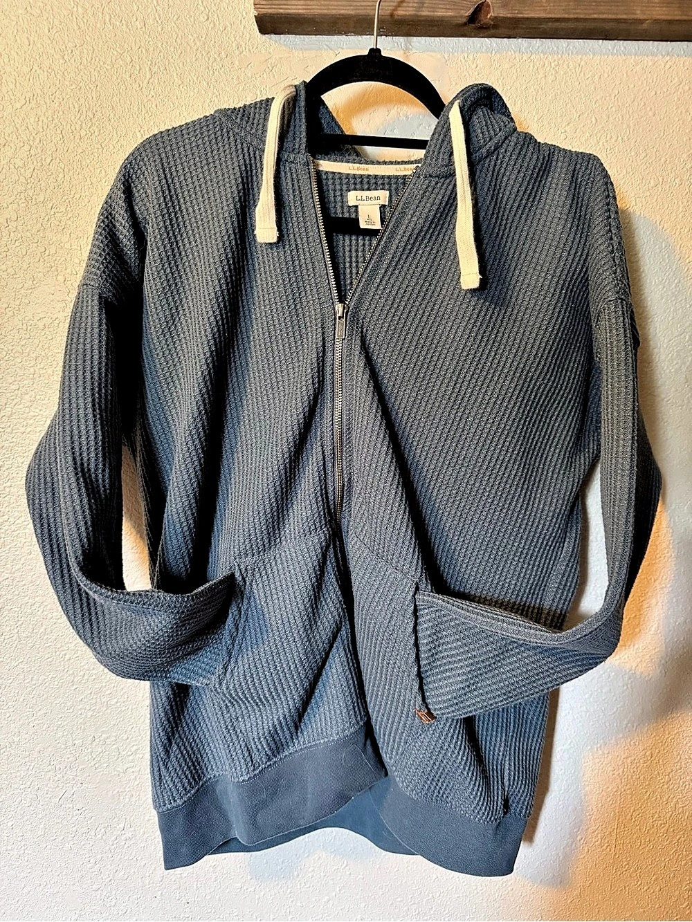 LL Bean Women’s Birchwood Brushed Waffle Full Zip Up Hoodie, Blue - Large